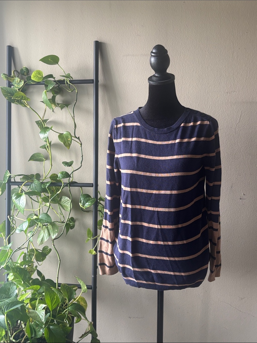 Banana Republic Navy and Beige Striped Crewneck Sweater